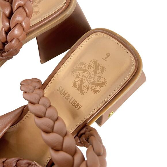 Sam & Libby Square Toe Heels Sandals Camel Brown Faux Leather‎ Braided Womens 9 - Picture 4 of 12